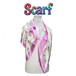 Pink and White Geometric feels likeSilk rayon Scarf with Fringed Edges
